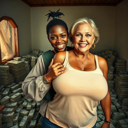 Inside a basic room overflowing with bundles of dollars, a young Black African woman, 25 years old, stands assertively