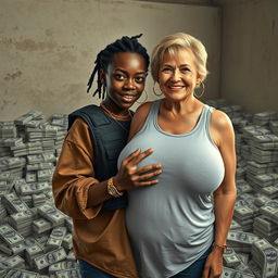 Inside a basic room overflowing with bundles of dollars, a young Black African woman, 25 years old, stands assertively