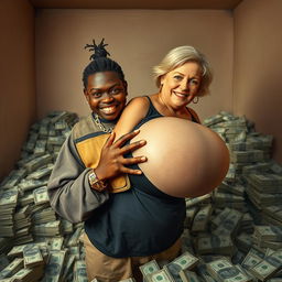 Inside a basic room overflowing with bundles of dollars, a young Black African woman, 25 years old, stands assertively