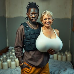 In a poor room featuring a bed filled with jars of milk, a young Black African woman, 25 years old, stands assertively