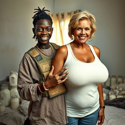 In a poor room featuring a bed filled with jars of milk, a young Black African woman, 25 years old, stands assertively