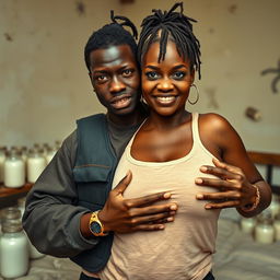 In a poor room featuring a bed filled with jars of milk, a young Black African woman, 25 years old, stands assertively