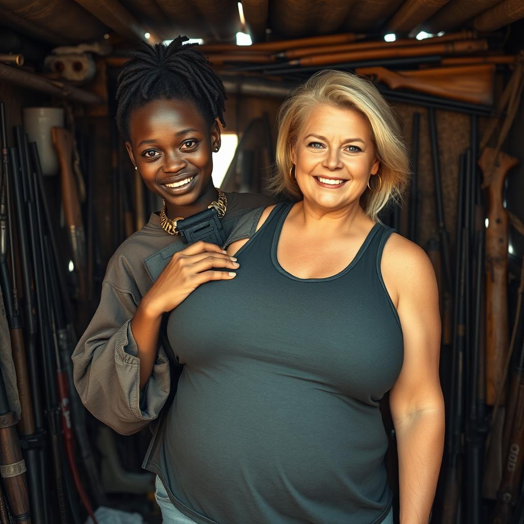 Inside a makeshift shack filled with an assortment of weapons, a young Black African woman, 25 years old, stands confidently