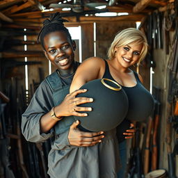 Inside a makeshift shack filled with an assortment of weapons, a young Black African woman, 25 years old, stands confidently