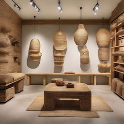 Incorporate several benches made from rattan and bamboo into the gallery-like store, enhancing the natural, earthy atmosphere filled with artisanal pieces.