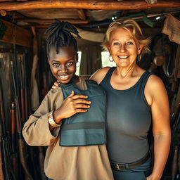 Inside a makeshift shack filled with an assortment of weapons, a young Black African woman, 25 years old, stands confidently