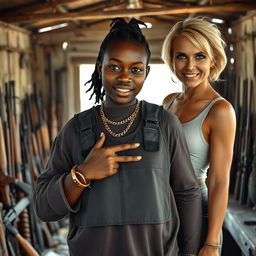 Inside a rundown shack filled with an assortment of weapons, a young Black African woman, 25 years old, stands confidently