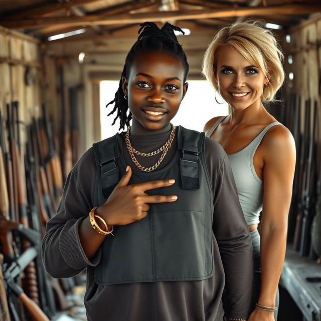 Inside a rundown shack filled with an assortment of weapons, a young Black African woman, 25 years old, stands confidently