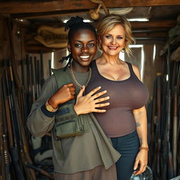 Inside a rundown shack filled with an assortment of weapons, a young Black African woman, 25 years old, stands confidently