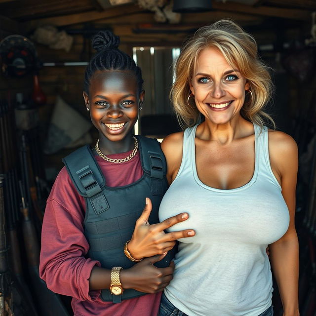 Inside a ramshackle shack filled with an array of weapons, a young Black African woman, aged 25, stands in a bold pose