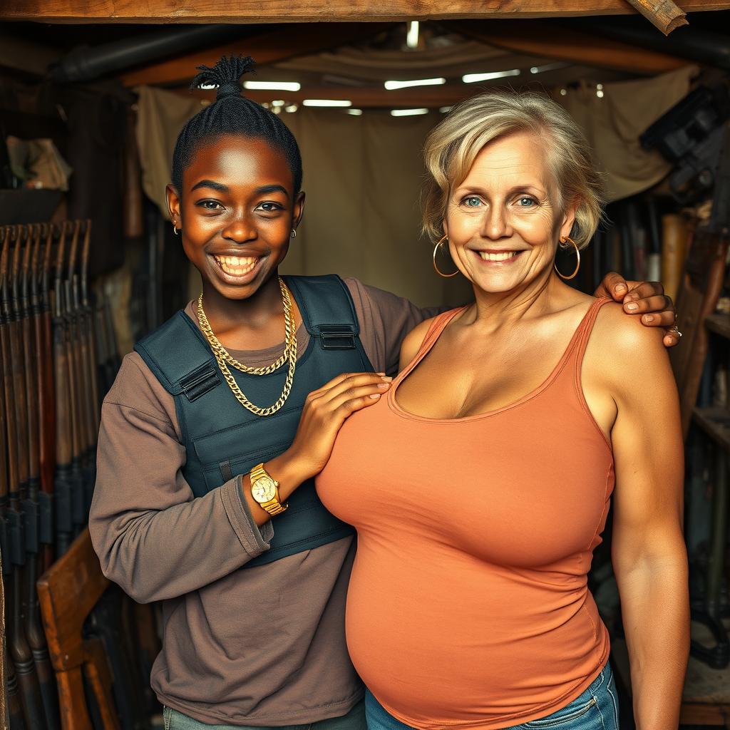Inside a ramshackle shack filled with an array of weapons, a young Black African woman, aged 25, stands in a bold pose