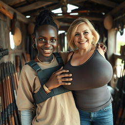 Inside a ramshackle shack filled with an array of weapons, a young Black African woman, aged 25, stands in a bold pose