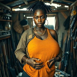 Inside a rundown shack filled with an array of weapons, a young Black African woman, aged 25, stands with an assertive demeanor