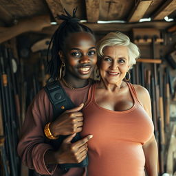 Inside a rundown shack filled with an array of weapons, a young Black African woman, aged 25, stands with an assertive demeanor