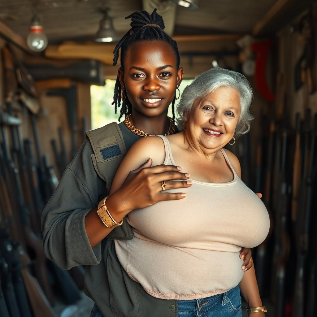 Inside a rundown shack filled with an array of weapons, a young Black African woman, aged 25, stands with an assertive demeanor