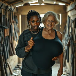 Inside a rundown shack filled with various weapons, a young Black African woman, 25 years old, stands defiantly