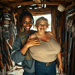 Inside a rundown shack filled with various weapons, a young Black African woman, 25 years old, stands defiantly