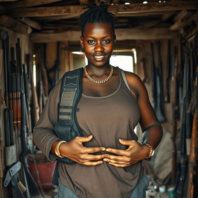 Inside a rundown shack filled with various weapons, a young Black African woman, 25 years old, stands defiantly