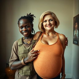 In a basic room, a young Black African woman, 25 years old, stands assertively