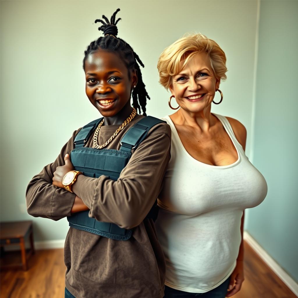 In a basic room, a young Black African woman, 25 years old, stands assertively