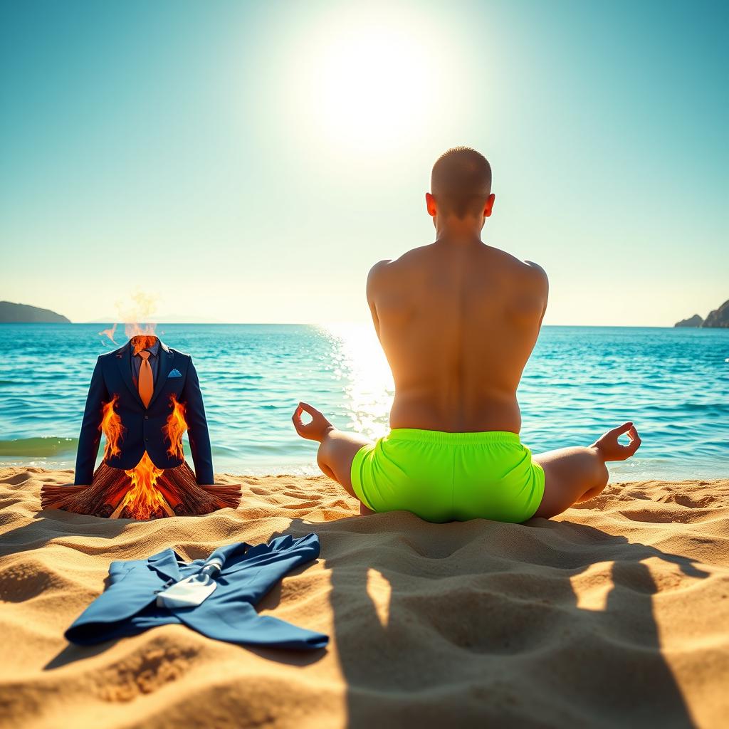 A fit 35-year-old man in a lotus meditation pose sits on a picturesque Mediterranean beach with crystal-clear waters, facing the bright sun