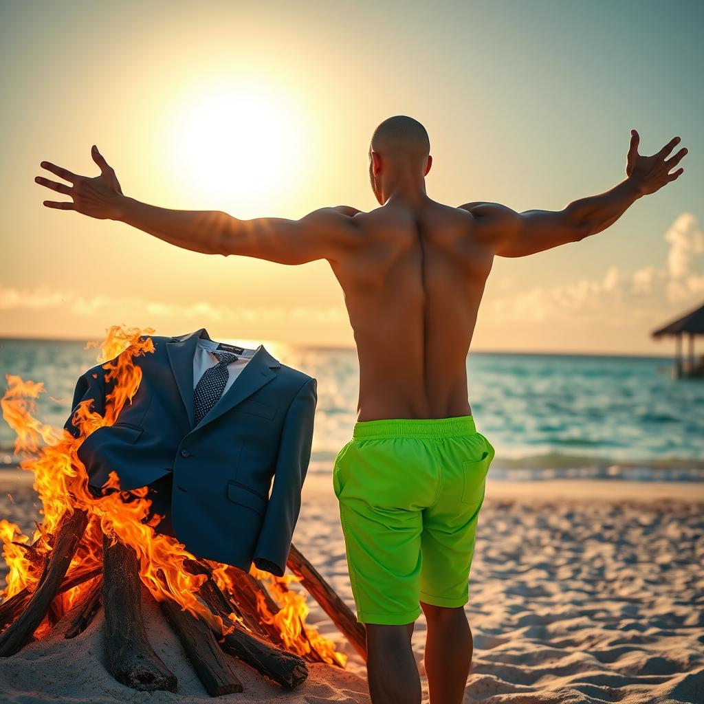 On the left side of the image, a bonfire burns intensely on a sandy beach, consuming a curled up and wrinkled blue business suit with a tie, all engulfed in vivid flames that cast warm orange and red hues