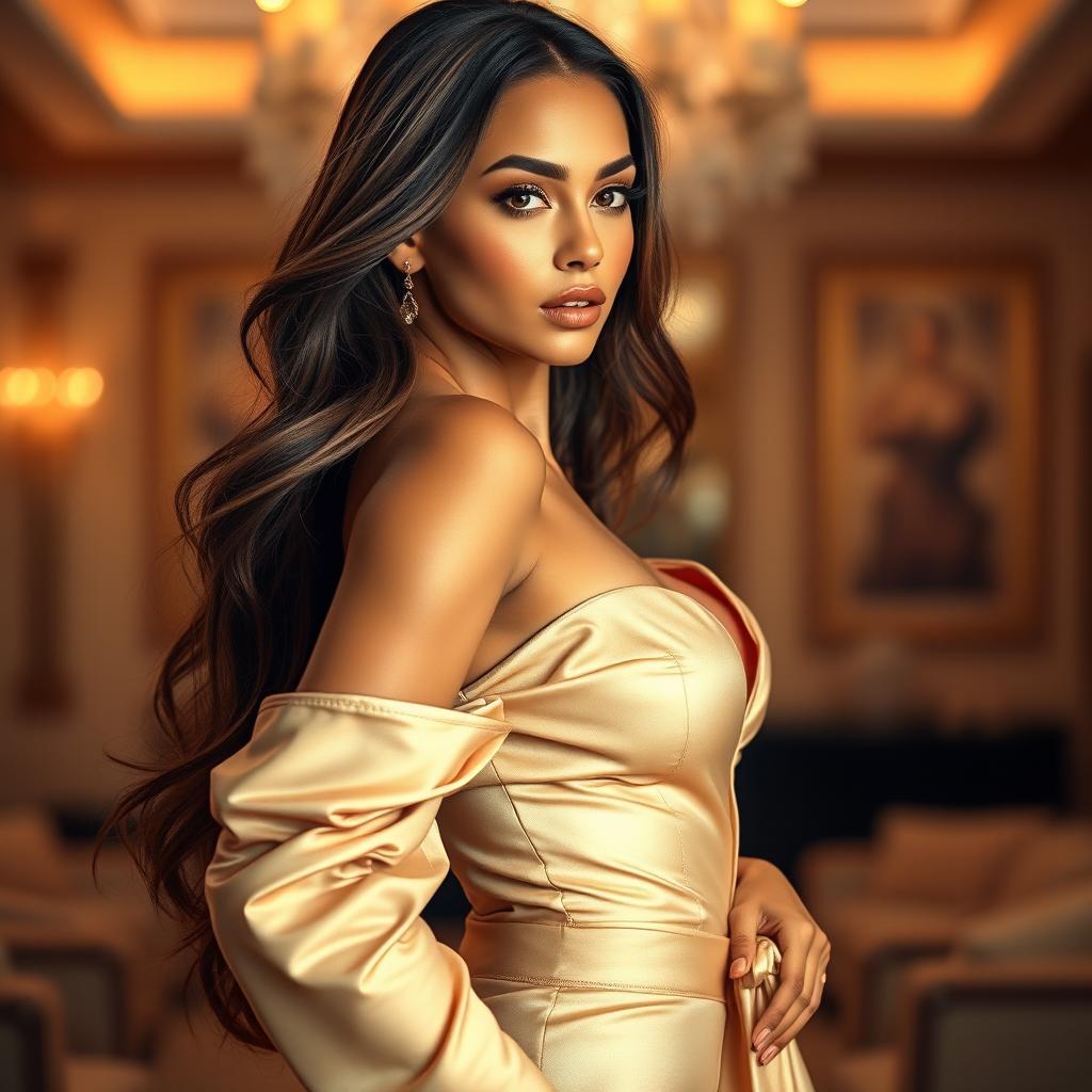 A stunning and alluring female model posing confidently in an elegant outfit, showcasing her charisma and beauty