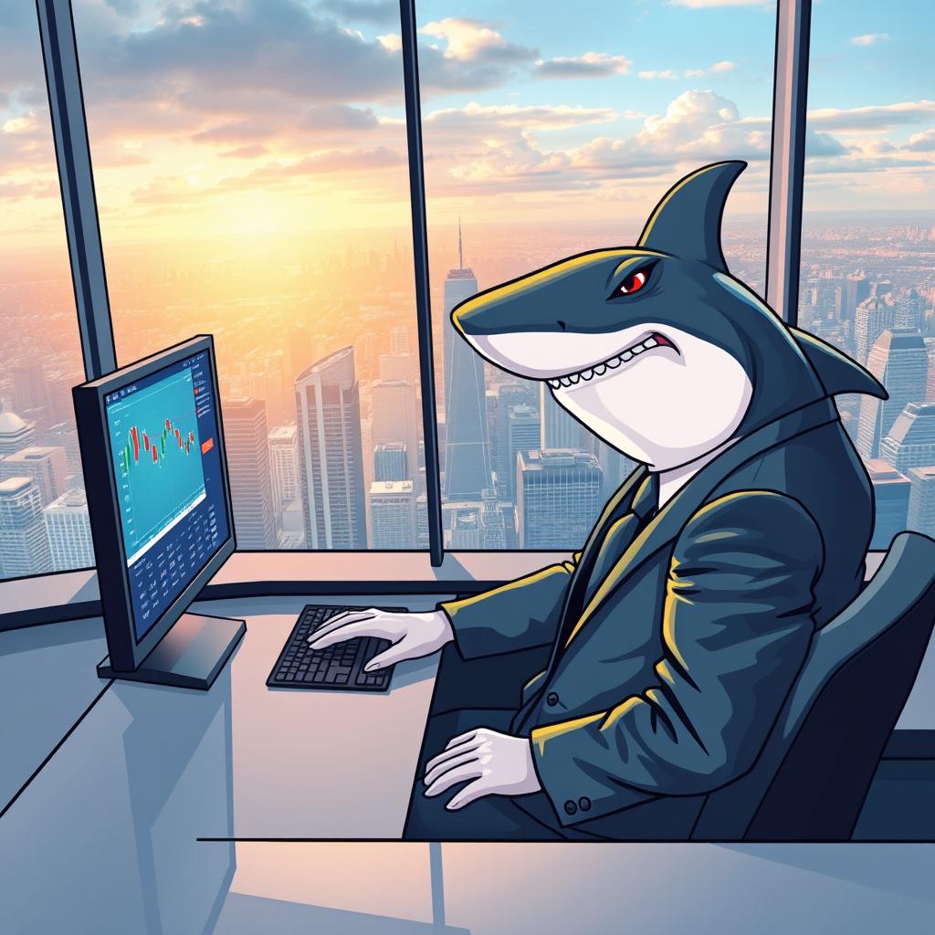 An anthropomorphic shark wearing a tailored suit, sitting at a sleek, modern office desk, intently analyzing financial charts and graphs on a large monitor