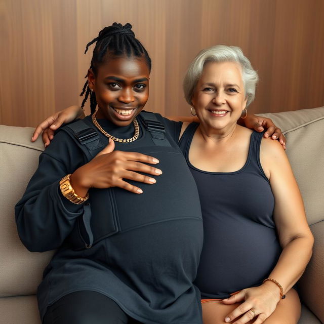 On a sofa, a young Black African woman, 25 years old, appears assertively