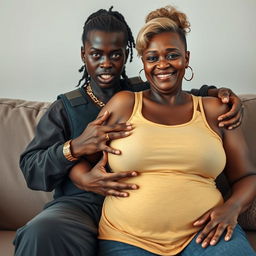 On a sofa, a young Black African woman, 25 years old, appears assertively
