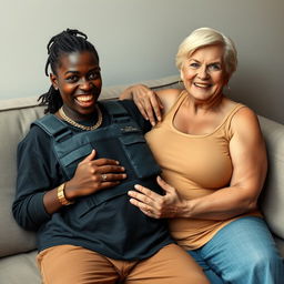 On a sofa, a young Black African woman, 25 years old, appears assertively