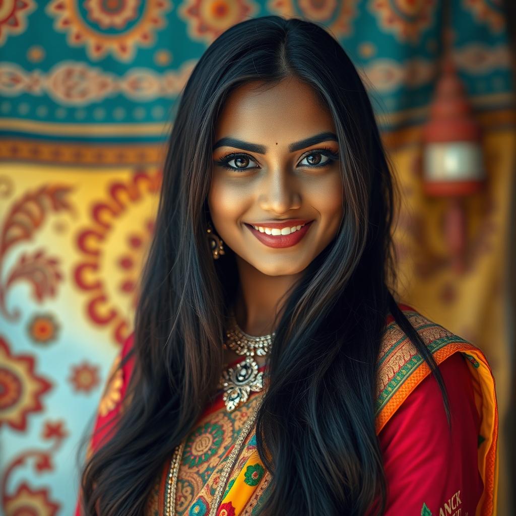 A stunning Indian woman with long black hair, wearing a traditional colorful saree adorned with intricate patterns