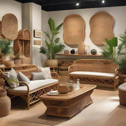 Envision a warm scene in the gallery-like store where friends gather around the natural rattan and bamboo benches, engrossed in cheerful conversation amidst the artisanal pieces.