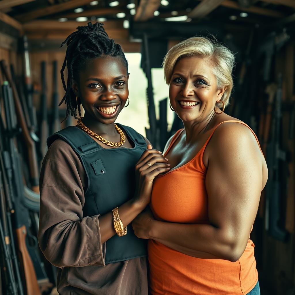 Inside a shanty filled with weapons, a young Black African woman, 25 years old, stands with an intense expression