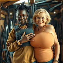 Inside a shanty filled with weapons, a young Black African woman, 25 years old, stands with an intense expression