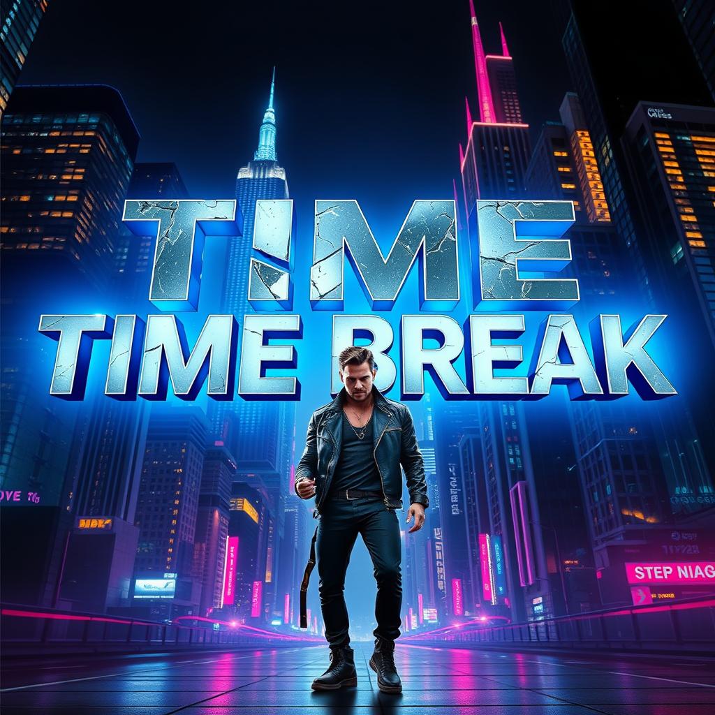 A dynamic cinematic poster featuring the title 'TIME BREAK' displayed in bold, metallic font that is fractured and cracked, symbolizing disruption and rebellion