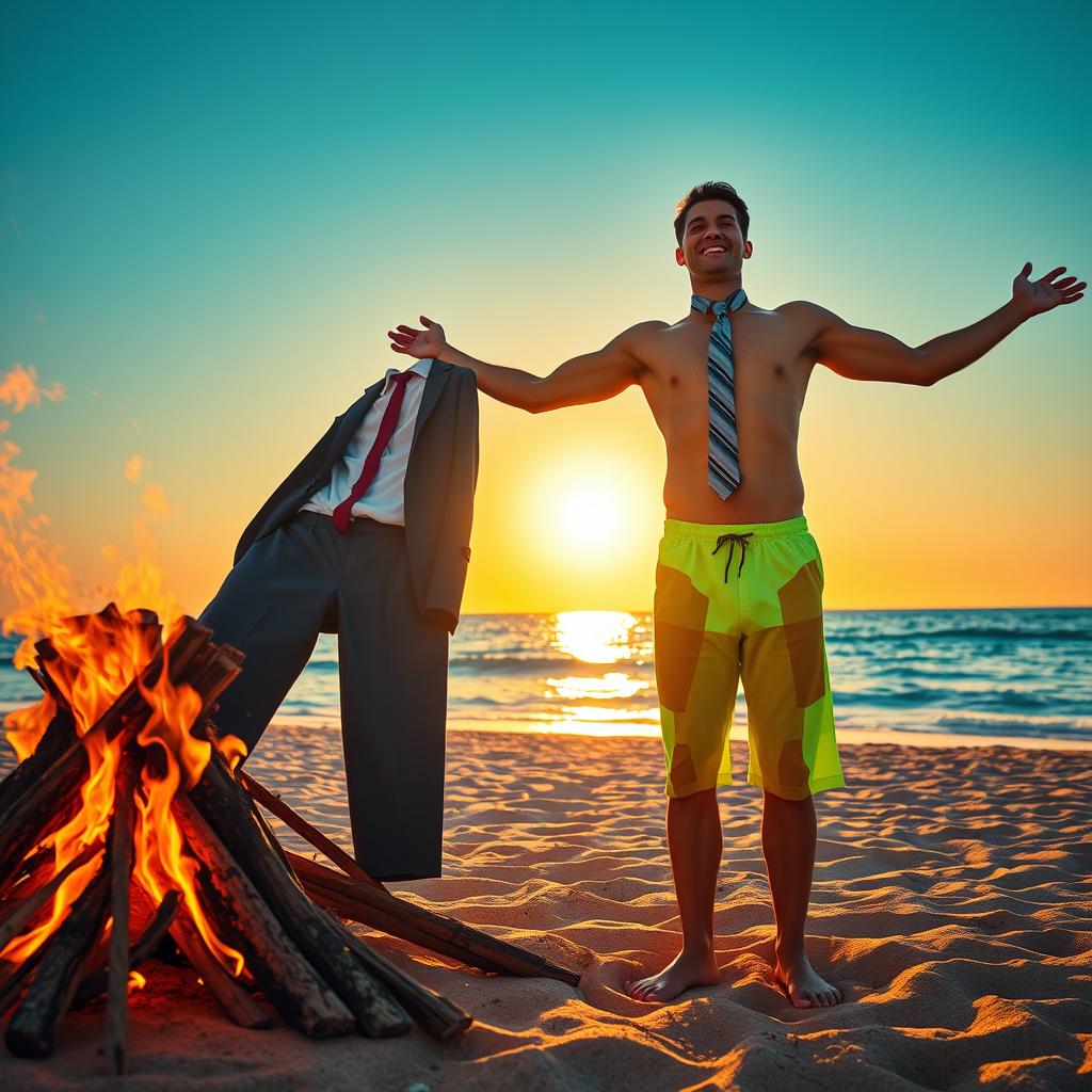 On the left side of the image, a bonfire burns intensely on a Mediterranean beach, consuming a wrinkled business suit with a dress shirt and tie