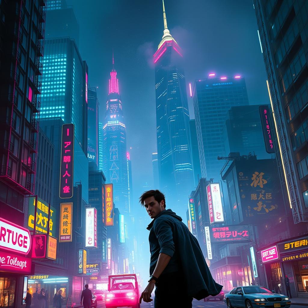 A hyper-realistic cinematic scene inspired by Blade Runner and Cyberpunk 2077, showcasing a vibrant futuristic cityscape filled with neon lights and towering skyscrapers