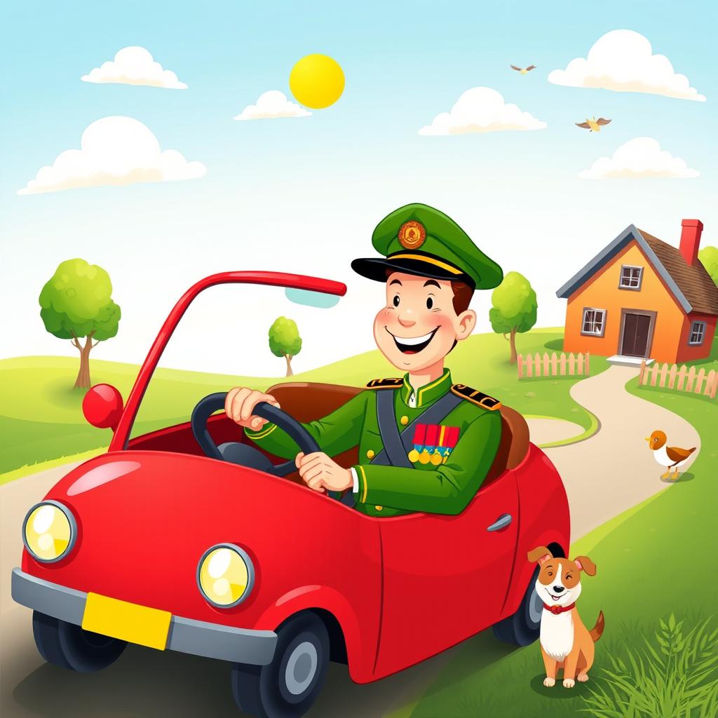 An illustration in a children's book style depicting a cheerful army officer driving home in his bright red car