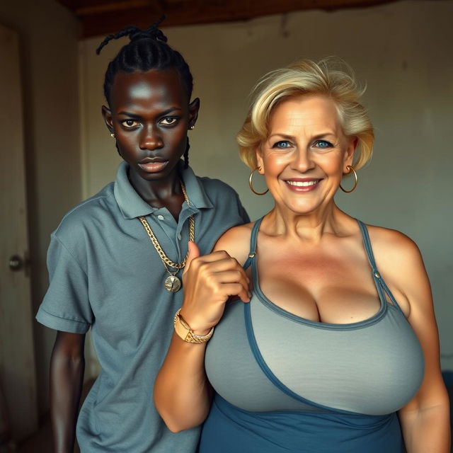 In a poor room, a very short and malnourished 25-year-old African woman with deep black skin and an angry expression is depicted