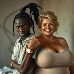 In a poor room, a very short and malnourished 25-year-old African woman with deep black skin and an angry expression is depicted