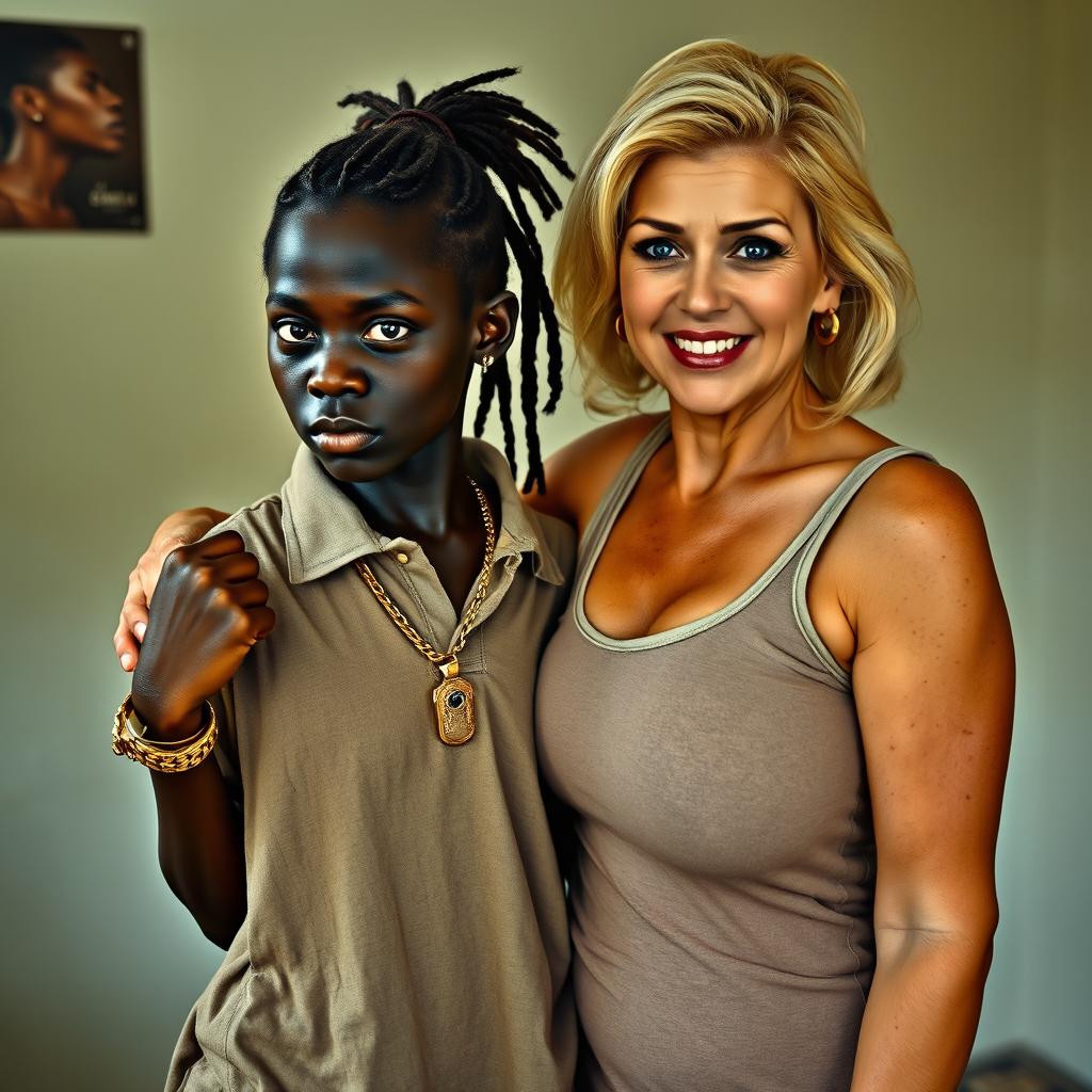 In a poor room, a very short and malnourished 25-year-old African woman with deep black skin and an angry expression is portrayed