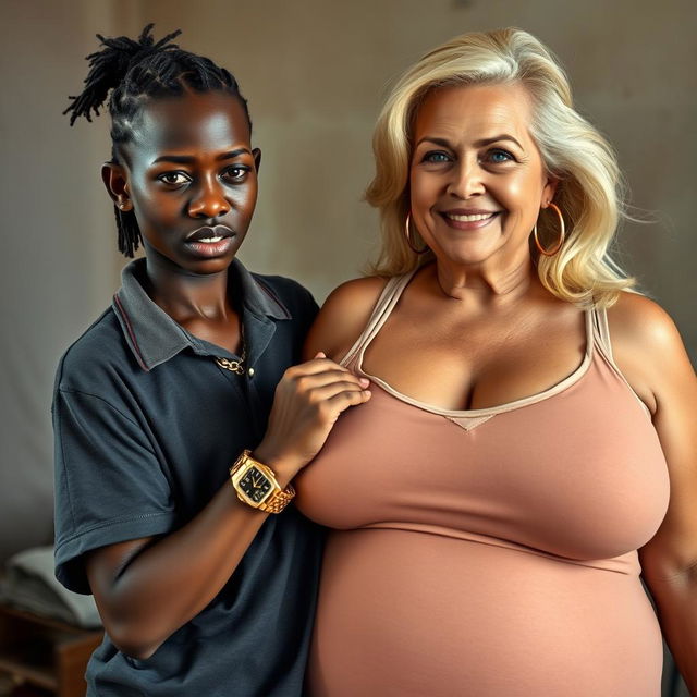 In a poor room, a very short and malnourished 25-year-old African woman with deep black skin and an angry expression is portrayed
