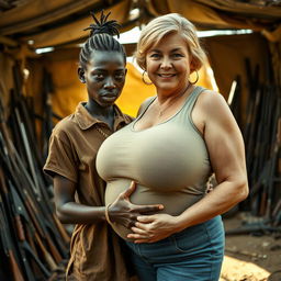 In a makeshift shelter filled with weapons, a very short and malnourished 25-year-old African woman with deep black skin and an angry expression is depicted