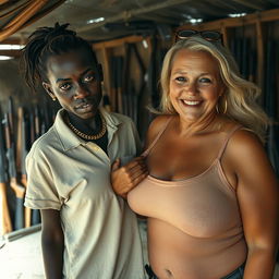 In a makeshift shelter filled with weapons, a very short and malnourished 25-year-old African woman with deep black skin and an angry expression is depicted