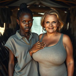 In a makeshift shelter filled with weapons, a very short and malnourished 25-year-old African woman with deep black skin and an angry expression is depicted