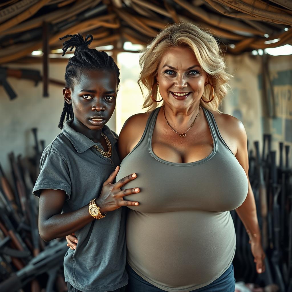 In a makeshift shelter filled with weapons, a very short and malnourished 25-year-old African woman with deep black skin and an angry expression is depicted