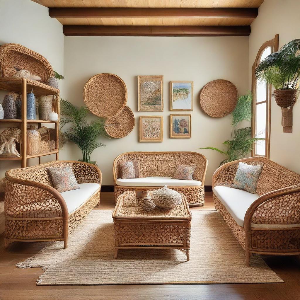 Envision a warm scene in the gallery-like store where friends gather around the natural rattan and bamboo benches, engrossed in cheerful conversation amidst the artisanal pieces.