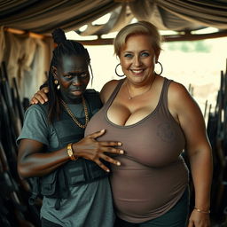 In a makeshift shelter filled with weapons, a very short and malnourished 50-year-old African woman with deep black skin and an angry expression is depicted