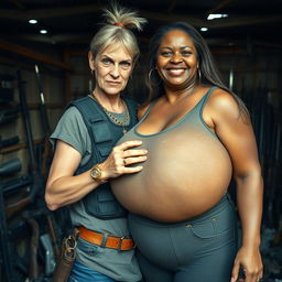 In a makeshift shelter filled with weapons, a very short and malnourished 50-year-old blonde woman with blue eyes and an angry expression is depicted